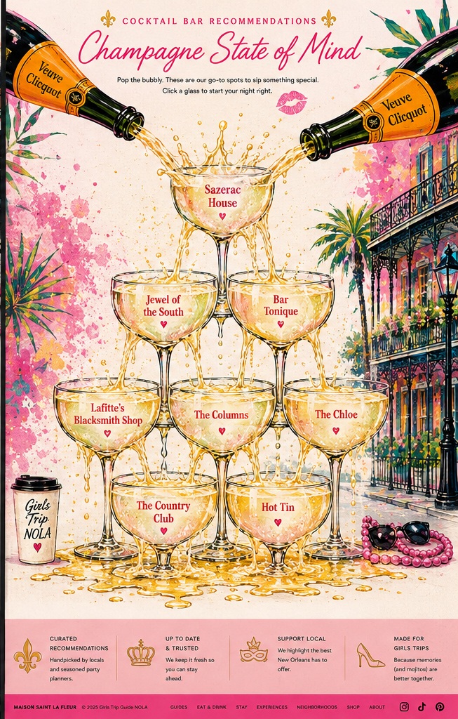 Original pop-art champagne tower with sparkling coupe glasses and animated champagne bubbles