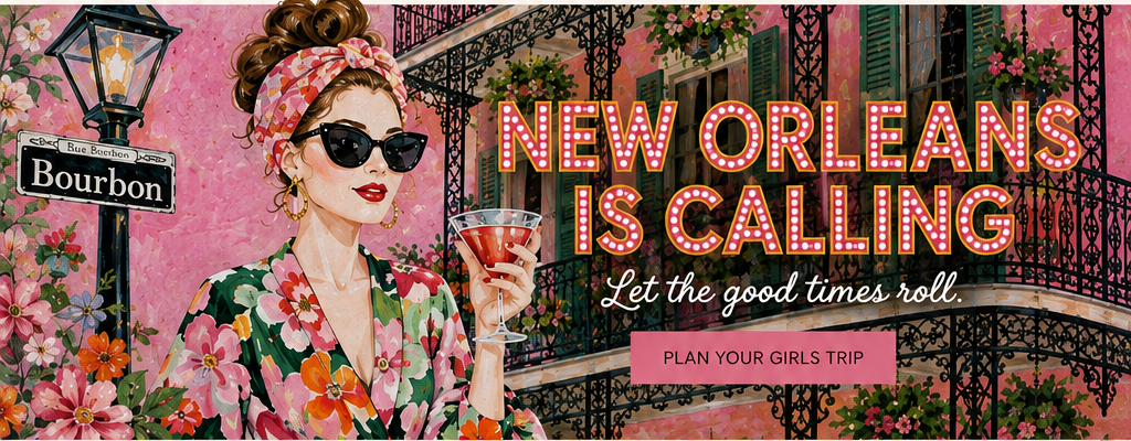Illustrated New Orleans girls trip scene with balconies, flowers and cocktails